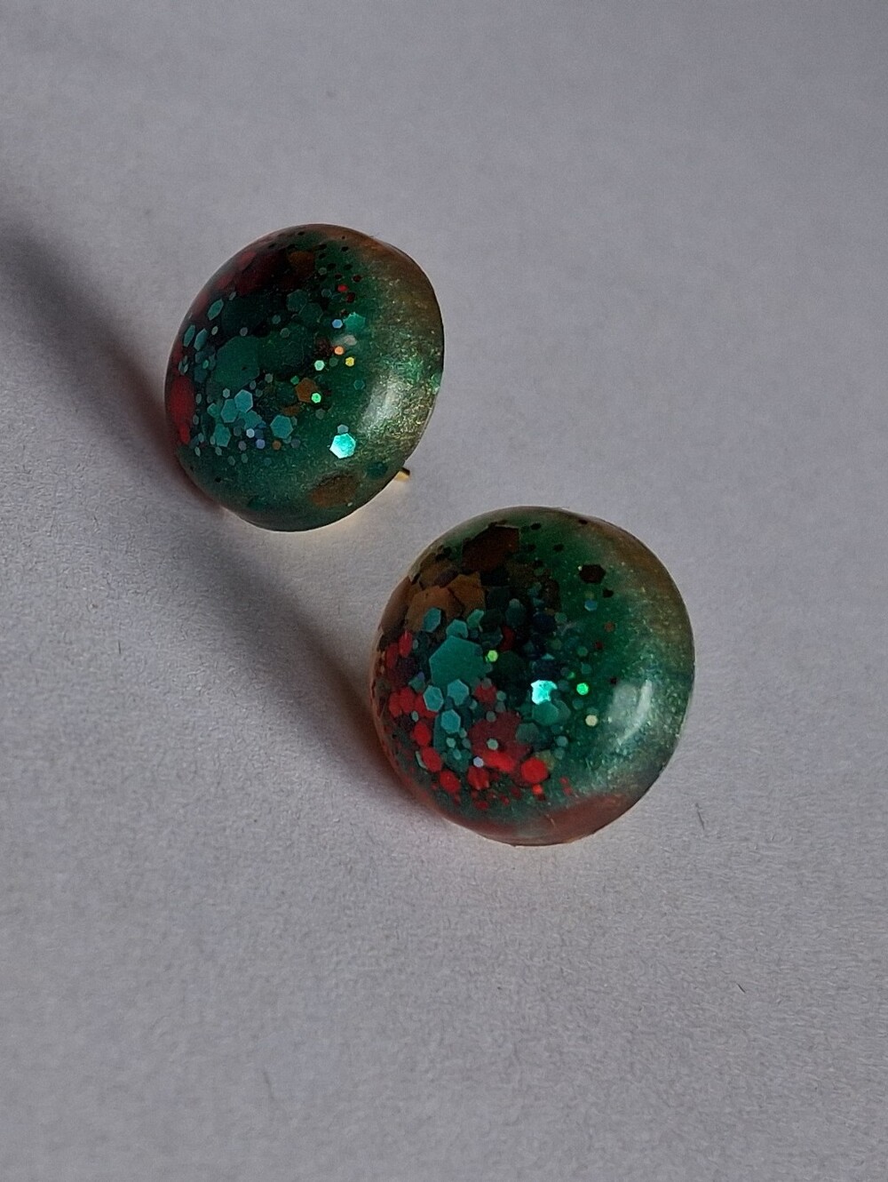 Hand Crafted Green and Red Glitter Dome Earrings